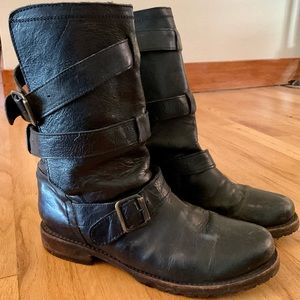 Freebird by Steven - Black Leather Moto Slouch Boots with Buckles - Slip-on